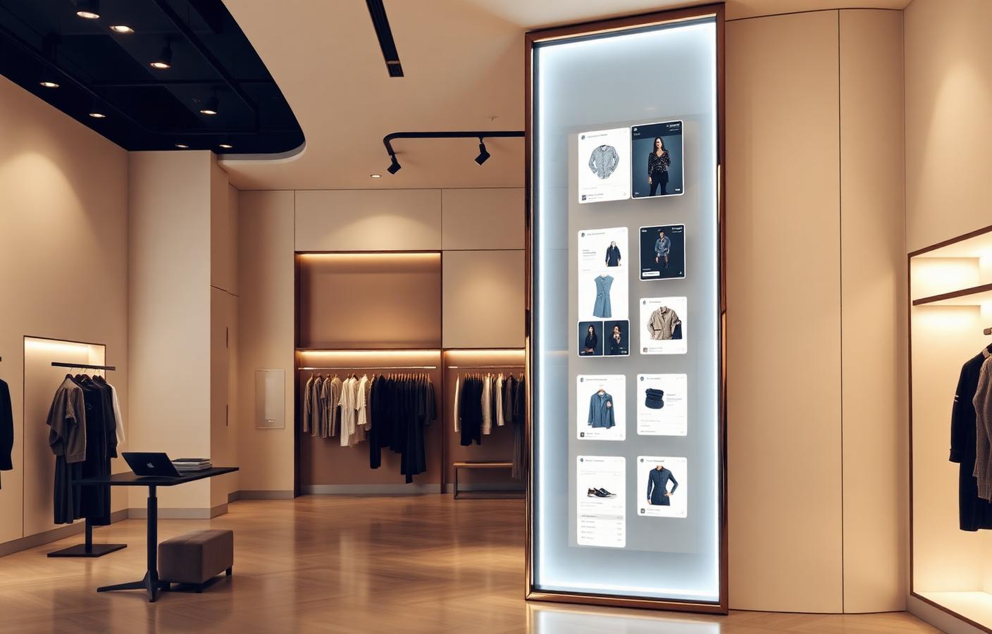 Aura Mirror in a boutique displaying merchant product cards
