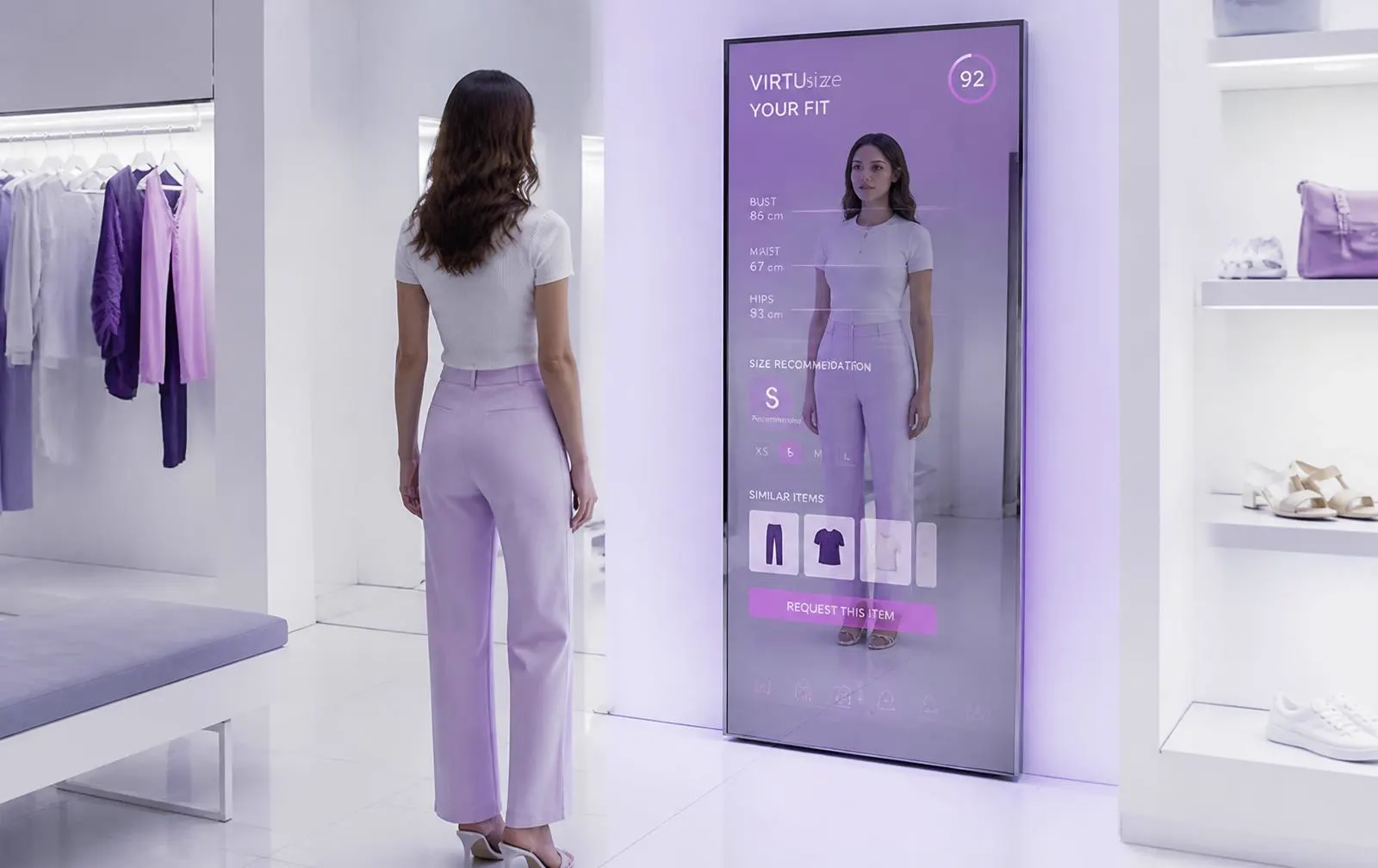 Aura Mirror rendering an AR try-on for a shopper in store